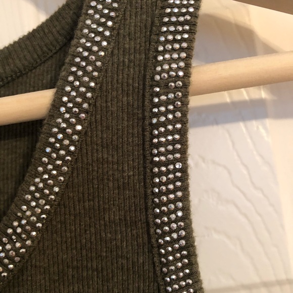 Army Green Rhinestone Ribbed Tank Top - Picture 2 of 6